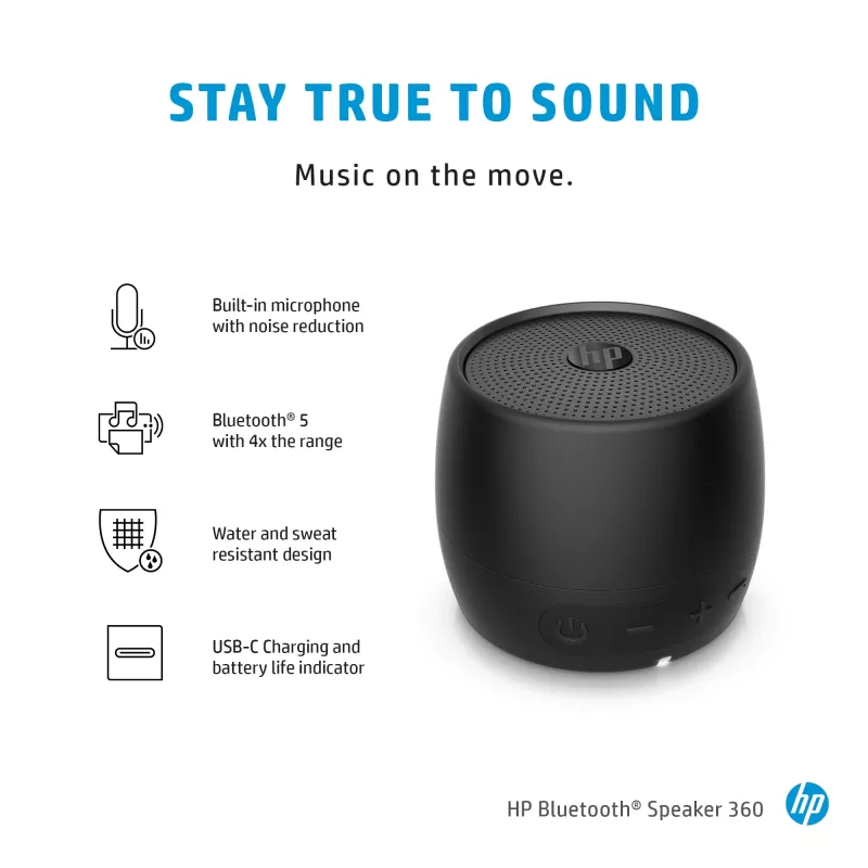 HP Black Bluetooth Speaker 360, belaidis ir laidinis, monofoninis nešiojamas garsiakalbis, juodas, cilindro formos, mygtukai, universalus