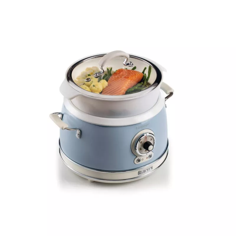 Ariete 2904 ryžių virimo aparatas – elektrinis ryžių virimo aparatas su keramikiniu dubeniu – naminiai sušiai – daugiafunkcis – Vintage linija – 3,5 l – 650 W – mėlyna
