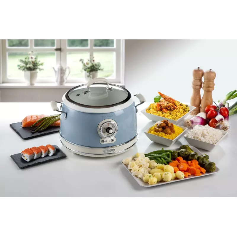 Ariete 2904 ryžių virimo aparatas – elektrinis ryžių virimo aparatas su keramikiniu dubeniu – naminiai sušiai – daugiafunkcis – Vintage linija – 3,5 l – 650 W – mėlyna