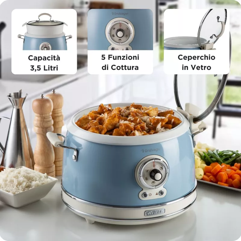 Ariete 2904 ryžių virimo aparatas – elektrinis ryžių virimo aparatas su keramikiniu dubeniu – naminiai sušiai – daugiafunkcis – Vintage linija – 3,5 l – 650 W – mėlyna