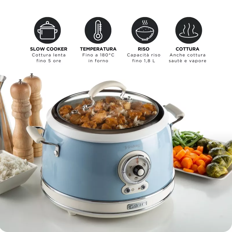 Ariete 2904 ryžių virimo aparatas – elektrinis ryžių virimo aparatas su keramikiniu dubeniu – naminiai sušiai – daugiafunkcis – Vintage linija – 3,5 l – 650 W – mėlyna