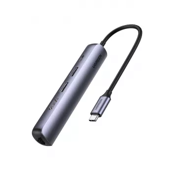 Ugreen CM418 10919 5 viename USB-C šakotuvas, HDMI 4K 30 Hz, Ethernet, USB 3.0, Power Delivery, aliuminis, pilkas