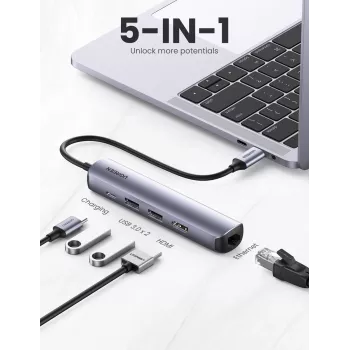 Ugreen CM418 10919 5 viename USB-C šakotuvas, HDMI 4K 30 Hz, Ethernet, USB 3.0, Power Delivery, aliuminis, pilkas