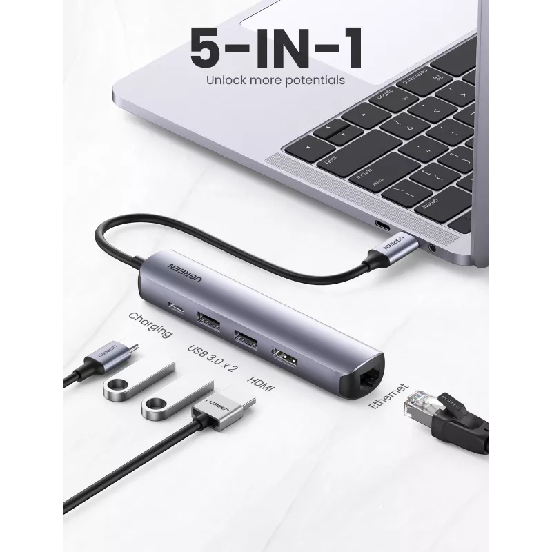 Ugreen CM418 10919 5 viename USB-C šakotuvas, HDMI 4K 30 Hz, Ethernet, USB 3.0, Power Delivery, aliuminis, pilkas