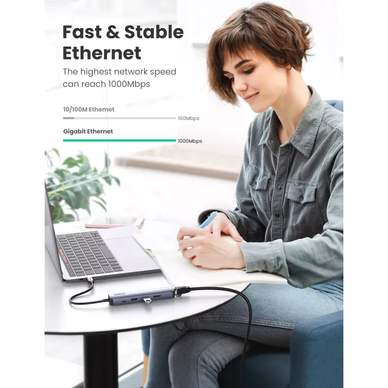Ugreen CM418 10919 5 viename USB-C šakotuvas, HDMI 4K 30 Hz, Ethernet, USB 3.0, Power Delivery, aliuminis, pilkas