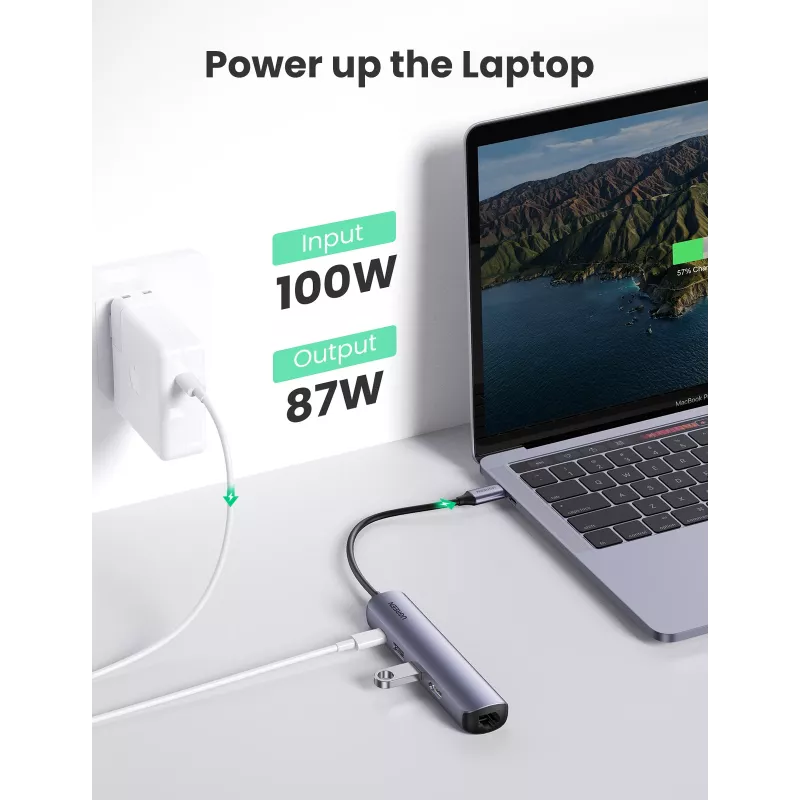 Ugreen CM418 10919 5 viename USB-C šakotuvas, HDMI 4K 30 Hz, Ethernet, USB 3.0, Power Delivery, aliuminis, pilkas