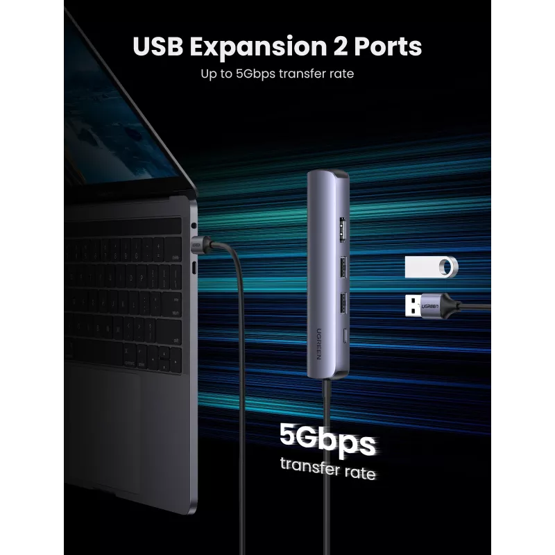 Ugreen CM418 10919 5 viename USB-C šakotuvas, HDMI 4K 30 Hz, Ethernet, USB 3.0, Power Delivery, aliuminis, pilkas