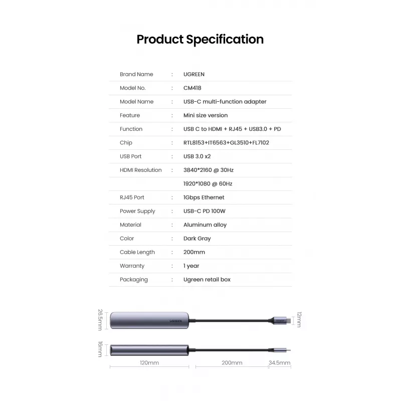 Ugreen CM418 10919 5 viename USB-C šakotuvas, HDMI 4K 30 Hz, Ethernet, USB 3.0, Power Delivery, aliuminis, pilkas