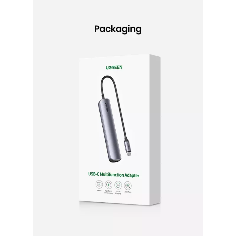Ugreen CM418 10919 5 viename USB-C šakotuvas, HDMI 4K 30 Hz, Ethernet, USB 3.0, Power Delivery, aliuminis, pilkas