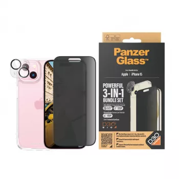 PanzerGlass® Privacy 3-in-1 rinkinys iPhone 15 – smūgiams atsparus grūdintas stiklas