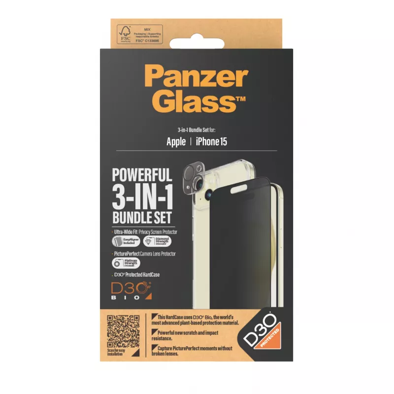 PanzerGlass® Privacy 3-in-1 rinkinys iPhone 15 – smūgiams atsparus grūdintas stiklas