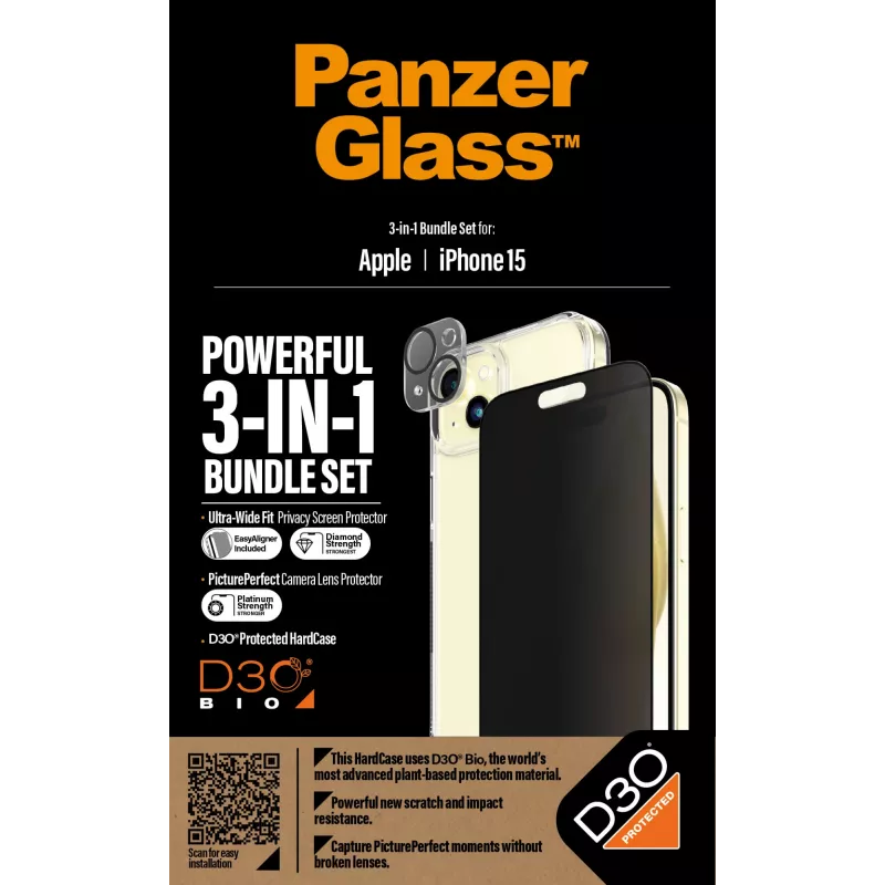 PanzerGlass® Privacy 3-in-1 rinkinys iPhone 15 – smūgiams atsparus grūdintas stiklas