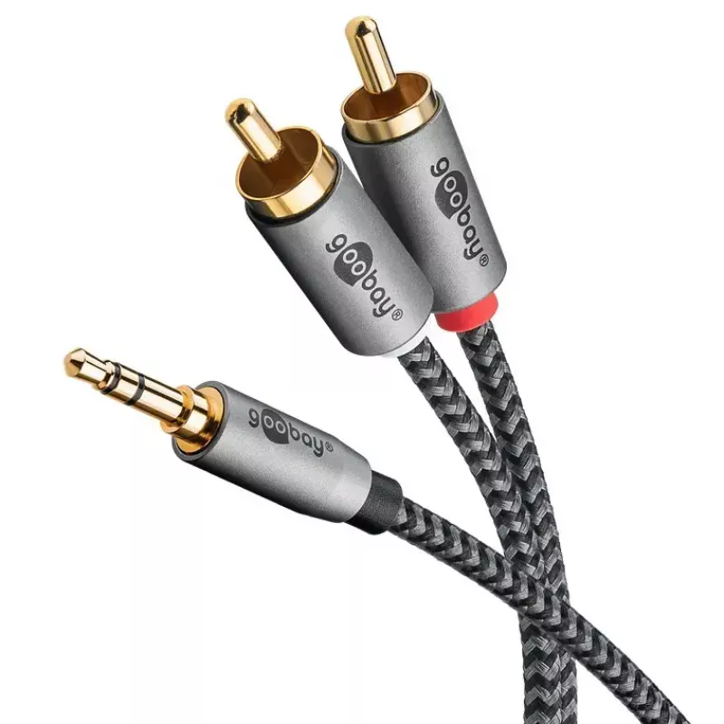 Garso kabelis WENTRONIC Goobay 65290 — 3,5 mm lizdas į 2×RCA, 5 m, varis, auksuotas, magnetiškai ekranuotas