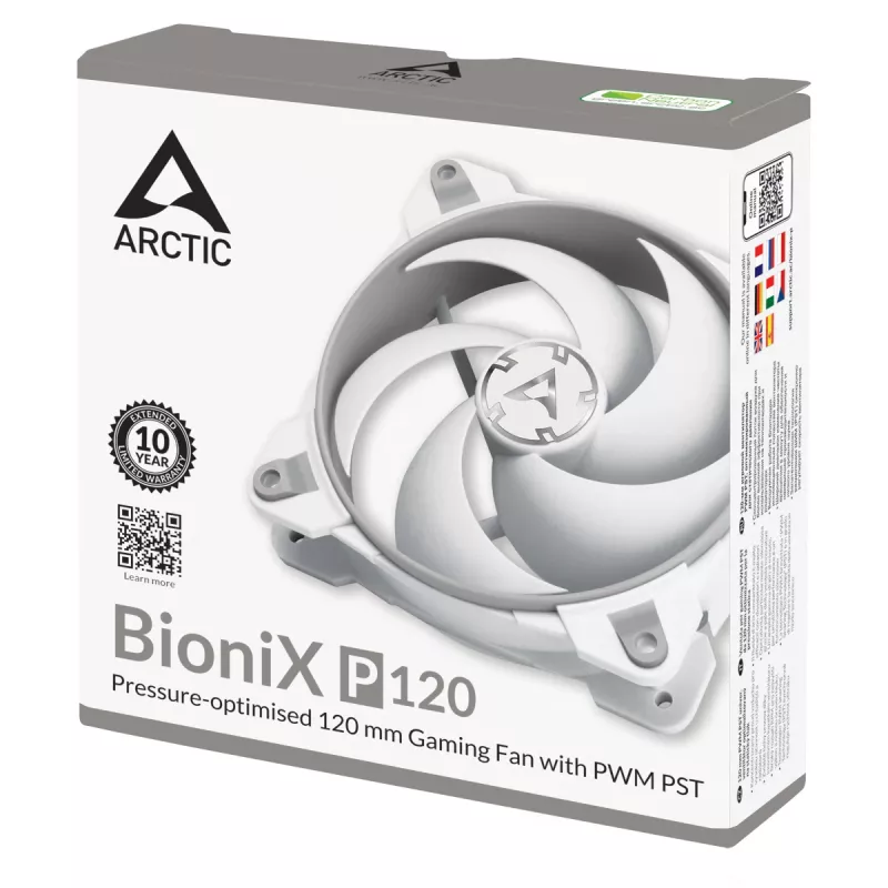 ARCTIC BioniX P120 (Pilka/Balta) – Slėgiui optimizuotas 120 mm ventiliatorius žaidimų kompiuteriams su PWM PST
