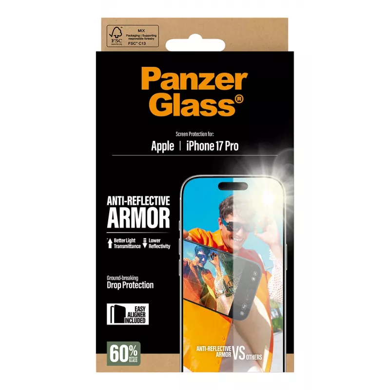 PanzerGlass Anti-Reflective Armor ekrano apsauga iPhone 17 Pro, atspari įbrėžimams ir smūgiams