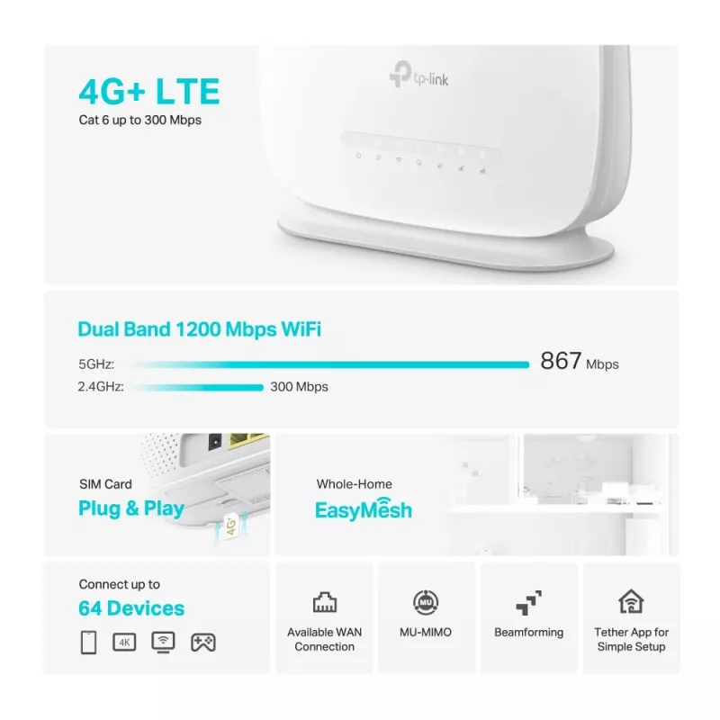 TP-Link Archer MR505 4G+ Cat6 AC1200 belaidis dviejų juostų gigabitinės Ethernet maršrutizatorius