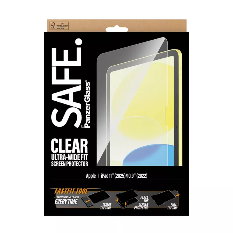PanzerGlass SAFE. apsauginis stiklas iPad 11 colių (2025-2026) | 10,9 colio (2022) | Ultra-Wide Fit su Fastfit įrankiu
