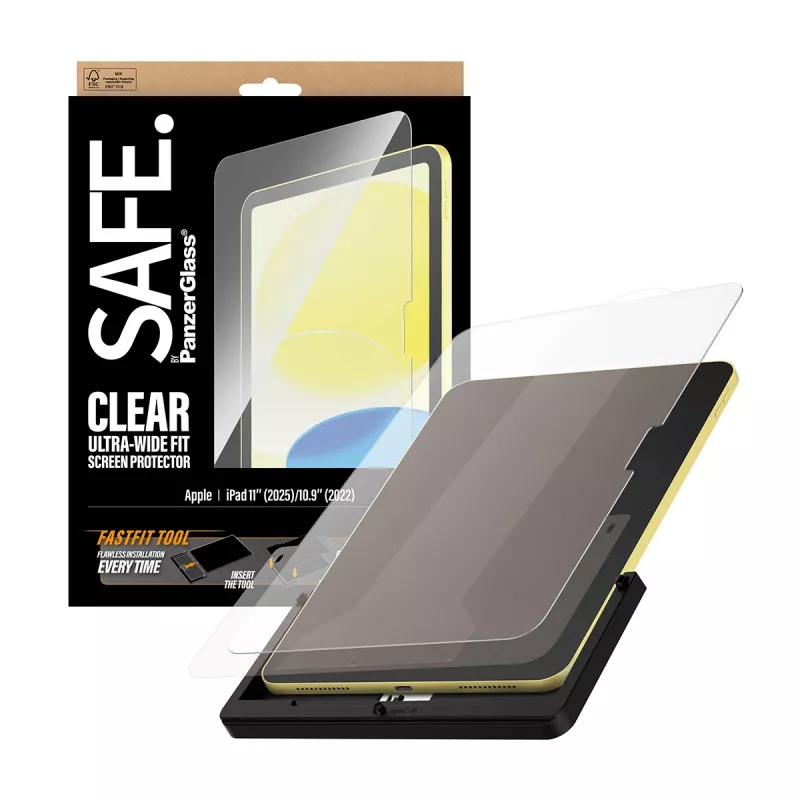 PanzerGlass SAFE. apsauginis stiklas iPad 11 colių (2025-2026) | 10,9 colio (2022) | Ultra-Wide Fit su Fastfit įrankiu