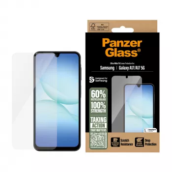 PanzerGlass apsauginis stiklas, skirtas Samsung Galaxy A17 / A17 5G — Ultra-Wide Fit, PET+silikonas, atsparus įbrėžimams ir smūgiams
