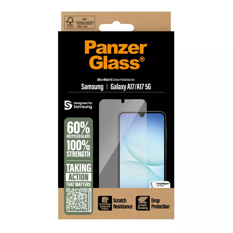 PanzerGlass apsauginis stiklas, skirtas Samsung Galaxy A17 / A17 5G — Ultra-Wide Fit, PET+silikonas, atsparus įbrėžimams ir smūgiams