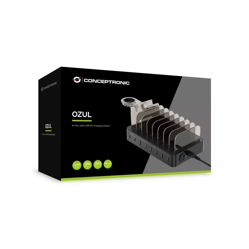 Conceptronic OZUL 8 prievadų 75W USB PD įkrovimo stotelė, vidaus, AC, 12 V, juoda