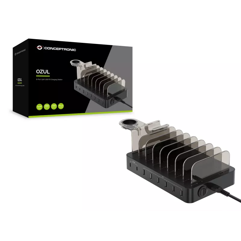 Conceptronic OZUL 8 prievadų 75W USB PD įkrovimo stotelė, vidaus, AC, 12 V, juoda