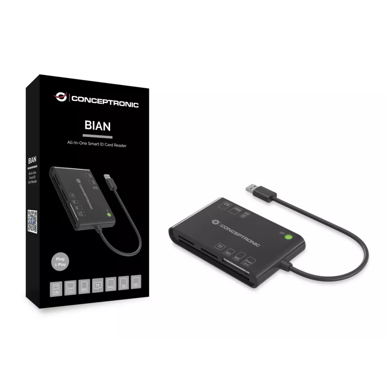 Conceptronic BIAN01B – universalus USB 3.2 Gen 1 kortelių skaitytuvas su EMV ir SIM palaikymu