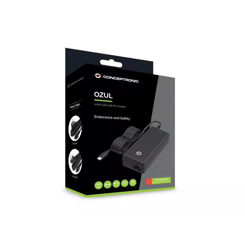 Conceptronic OZUL03BUK 100W GaN stalinis USB PD įkroviklis su integruotu USB-C laidu, UK kištukas