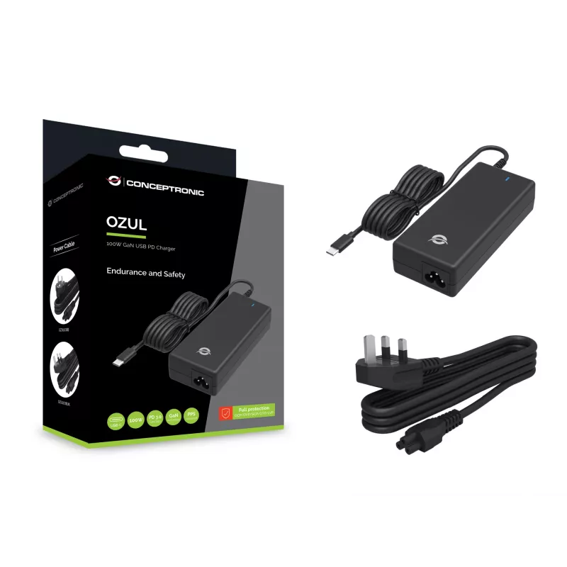 Conceptronic OZUL03BUK 100W GaN stalinis USB PD įkroviklis su integruotu USB-C laidu, UK kištukas