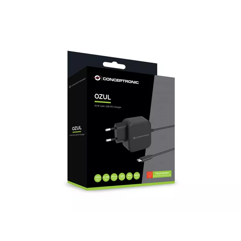 Conceptronic OZUL04BE 67W GaN USB PD įkroviklis su integruotu USB-C kabeliu