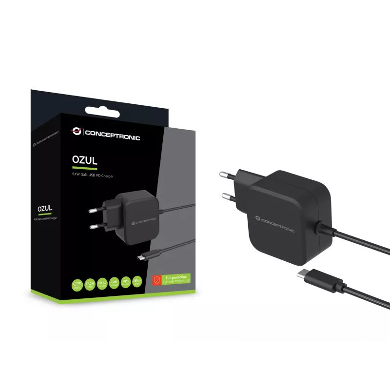 Conceptronic OZUL04BE 67W GaN USB PD įkroviklis su integruotu USB-C kabeliu