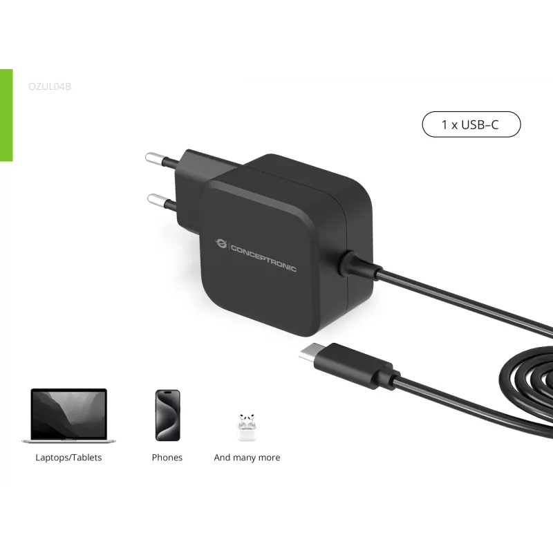 Conceptronic OZUL04BE 67W GaN USB PD įkroviklis su integruotu USB-C kabeliu