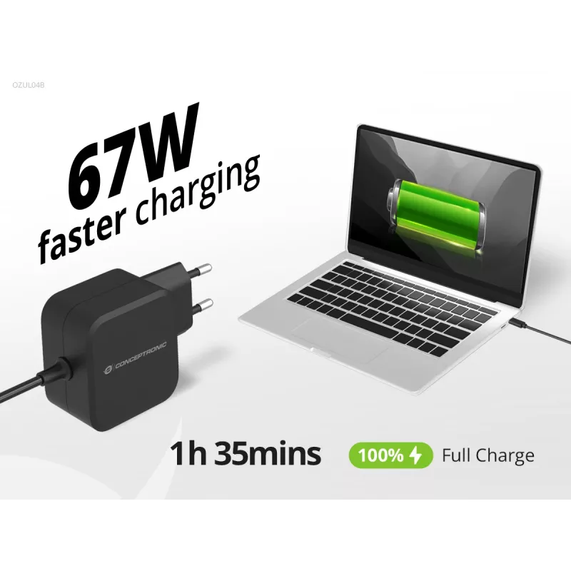 Conceptronic OZUL04BE 67W GaN USB PD įkroviklis su integruotu USB-C kabeliu