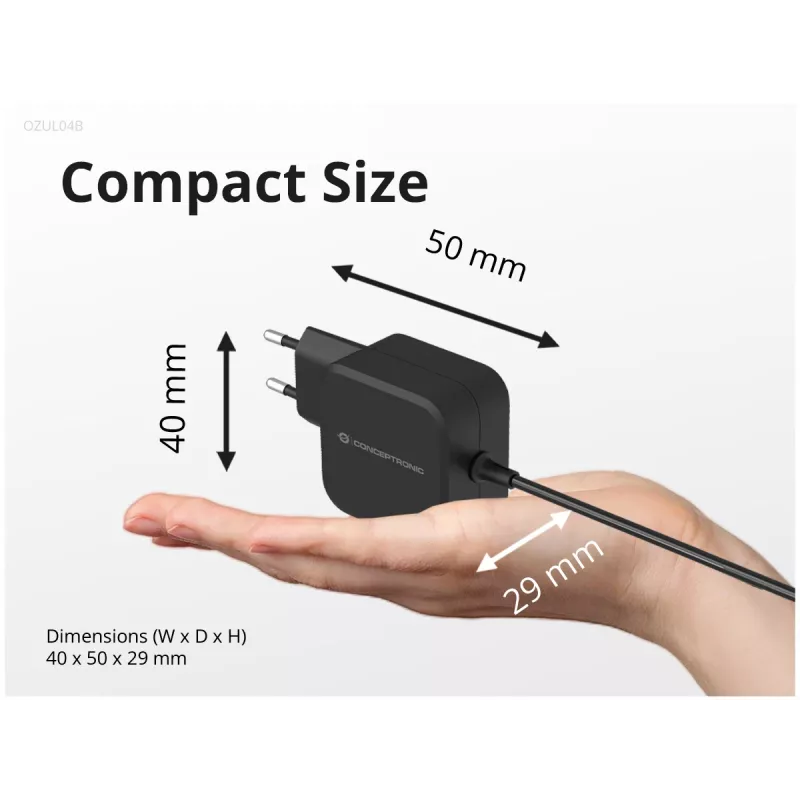 Conceptronic OZUL04BE 67W GaN USB PD įkroviklis su integruotu USB-C kabeliu
