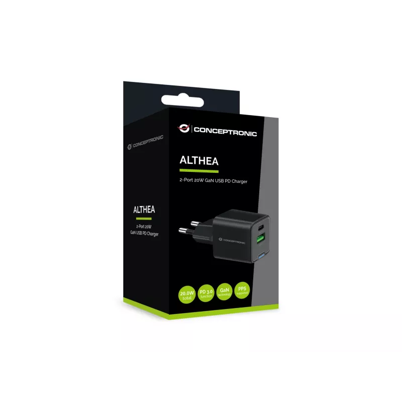 Conceptronic 2 prievadų 20W GaN USB PD įkroviklis, USB-C x 1, USB-A x 1, QC 3.0, PPS