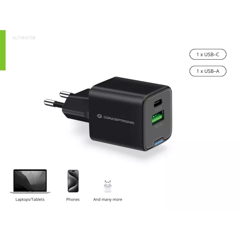 Conceptronic 2 prievadų 20W GaN USB PD įkroviklis, USB-C x 1, USB-A x 1, QC 3.0, PPS