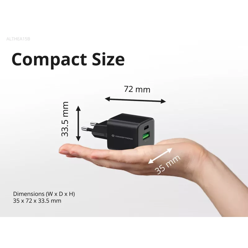 Conceptronic 2 prievadų 20W GaN USB PD įkroviklis, USB-C x 1, USB-A x 1, QC 3.0, PPS