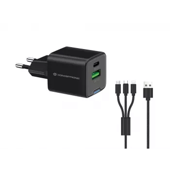 Conceptronic 2 prievadų 33W GaN USB PD įkroviklis su 3-in-1 įkrovimo kabeliu, USB-C x 1, USB-A x 1, QC 3.0, PPS