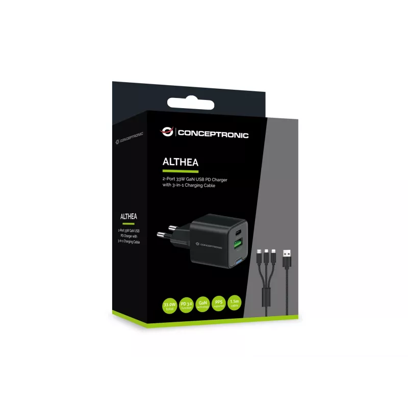 Conceptronic 2 prievadų 33W GaN USB PD įkroviklis su 3-in-1 įkrovimo kabeliu, USB-C x 1, USB-A x 1, QC 3.0, PPS