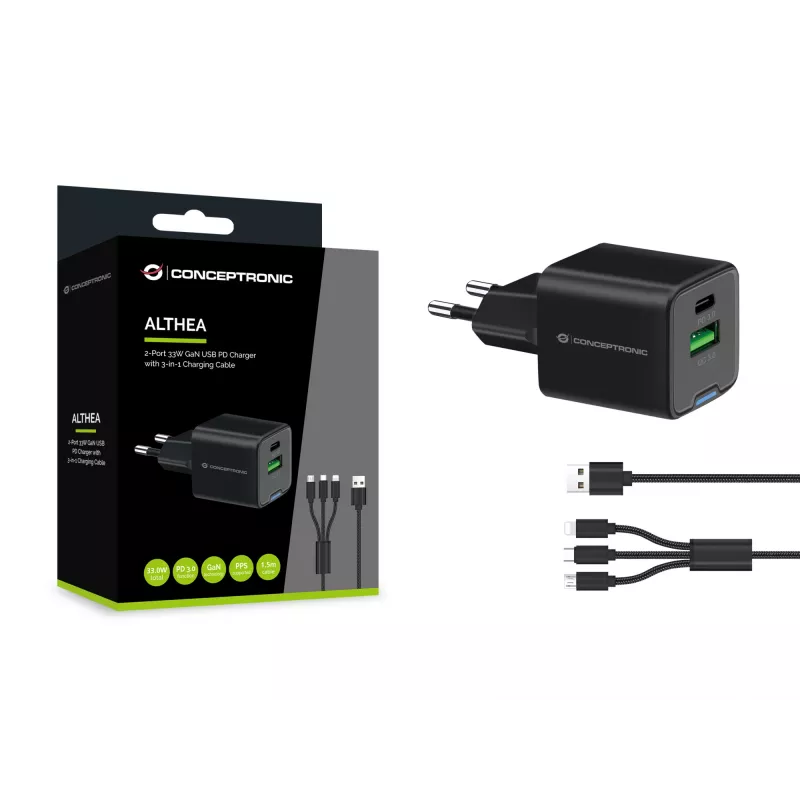 Conceptronic 2 prievadų 33W GaN USB PD įkroviklis su 3-in-1 įkrovimo kabeliu, USB-C x 1, USB-A x 1, QC 3.0, PPS