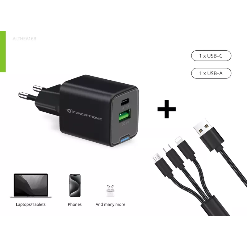 Conceptronic 2 prievadų 33W GaN USB PD įkroviklis su 3-in-1 įkrovimo kabeliu, USB-C x 1, USB-A x 1, QC 3.0, PPS