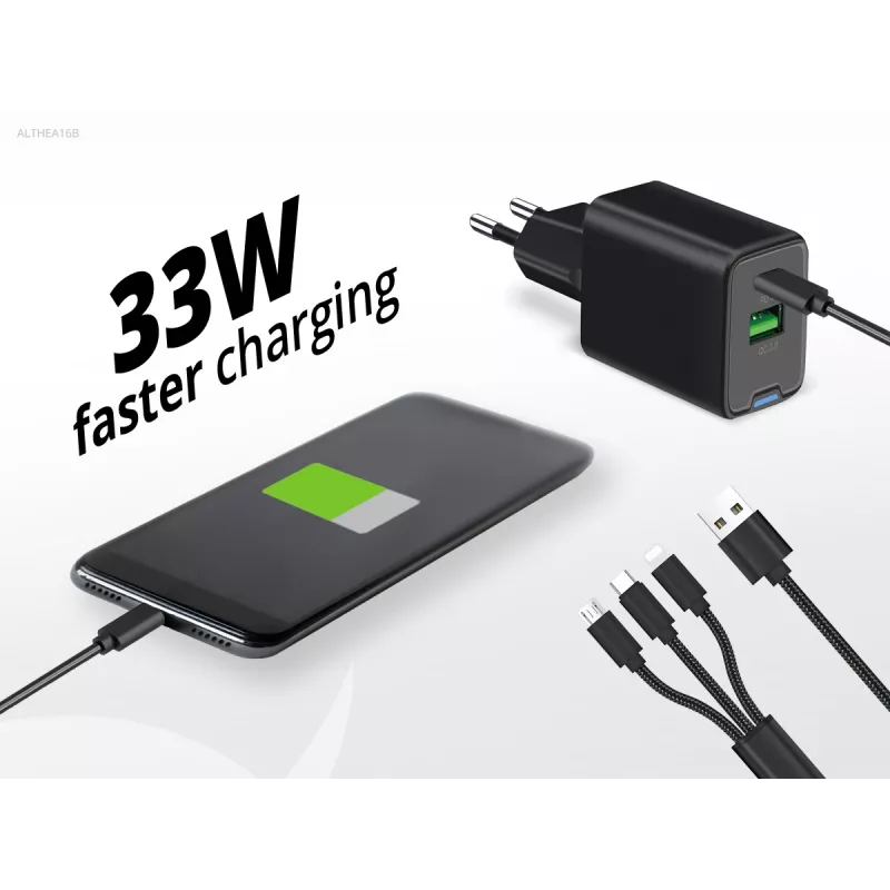 Conceptronic 2 prievadų 33W GaN USB PD įkroviklis su 3-in-1 įkrovimo kabeliu, USB-C x 1, USB-A x 1, QC 3.0, PPS