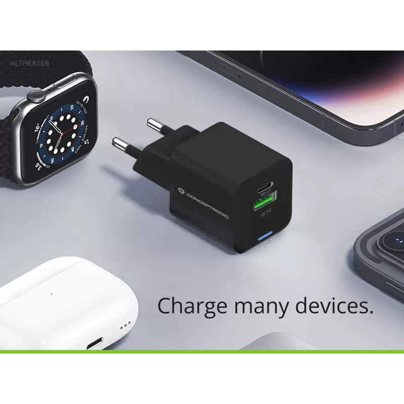 Conceptronic 2 prievadų 33W GaN USB PD įkroviklis su 3-in-1 įkrovimo kabeliu, USB-C x 1, USB-A x 1, QC 3.0, PPS
