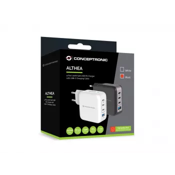 Conceptronic 4 prievadų 100W GaN USB PD įkroviklis su USB-C įkrovimo laidu, USB-C x 3, USB-A x 1, QC 3.0, PPS