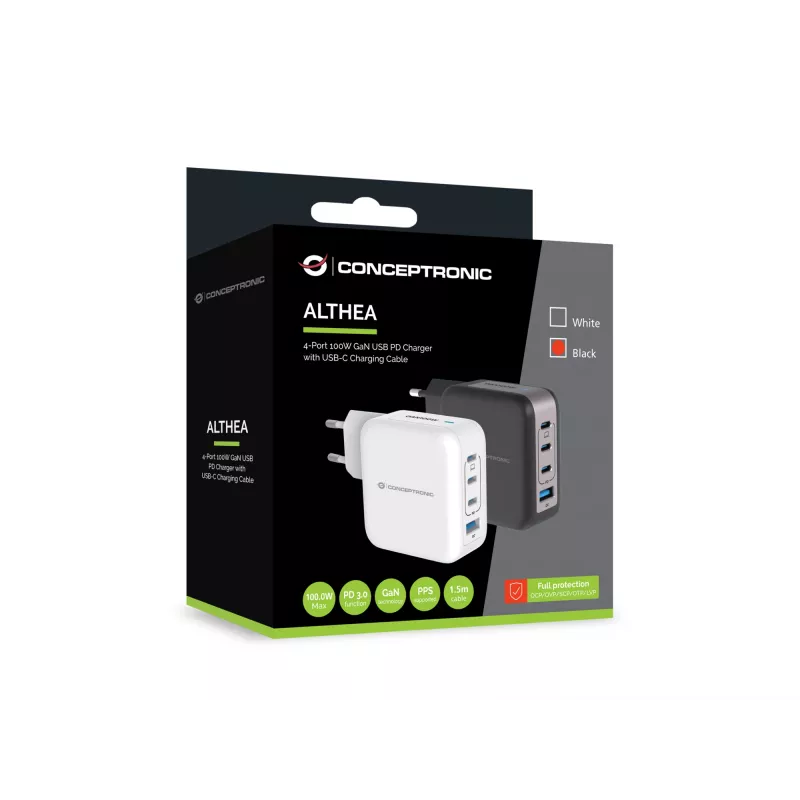 Conceptronic 4 prievadų 100W GaN USB PD įkroviklis su USB-C įkrovimo laidu, USB-C x 3, USB-A x 1, QC 3.0, PPS