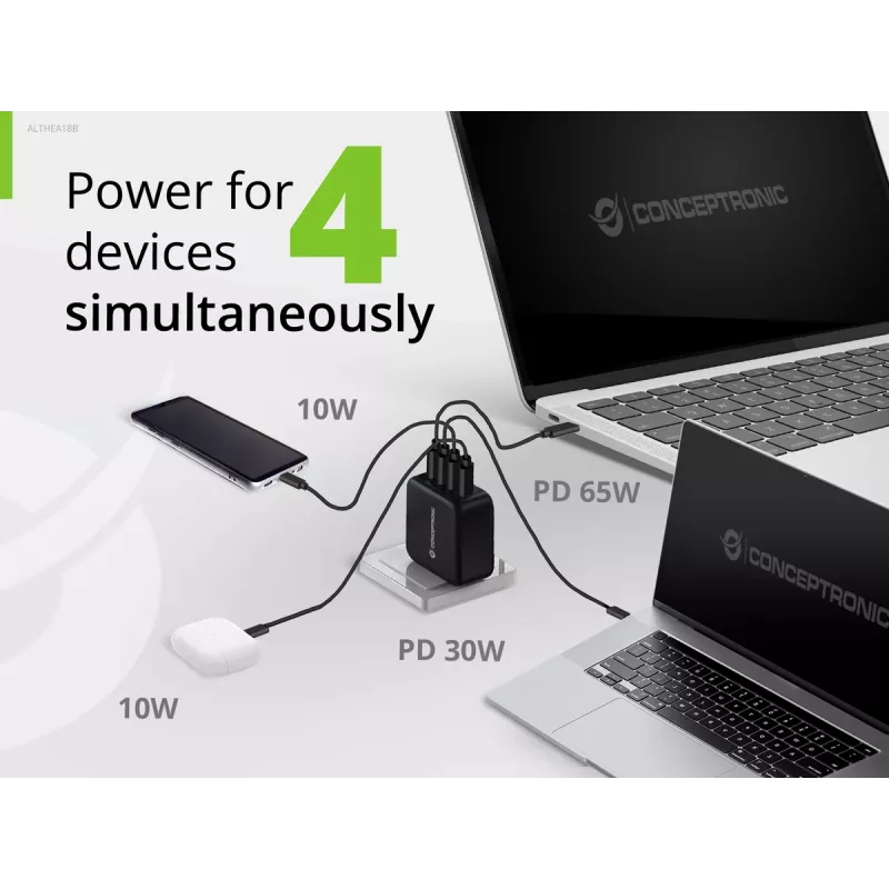 Conceptronic 4 prievadų 100W GaN USB PD įkroviklis su USB-C įkrovimo laidu, USB-C x 3, USB-A x 1, QC 3.0, PPS