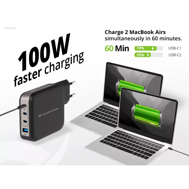 Conceptronic 4 prievadų 100W GaN USB PD įkroviklis su USB-C įkrovimo laidu, USB-C x 3, USB-A x 1, QC 3.0, PPS