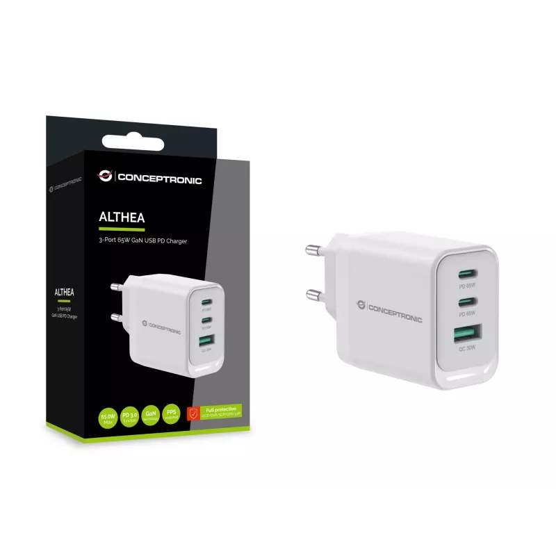 Conceptronic ALTHEA21W65 3 prievadų 65 W GaN USB PD įkroviklis, USB-C x 2, USB-A x 1, QC 3.0, PPS, PD 3.0