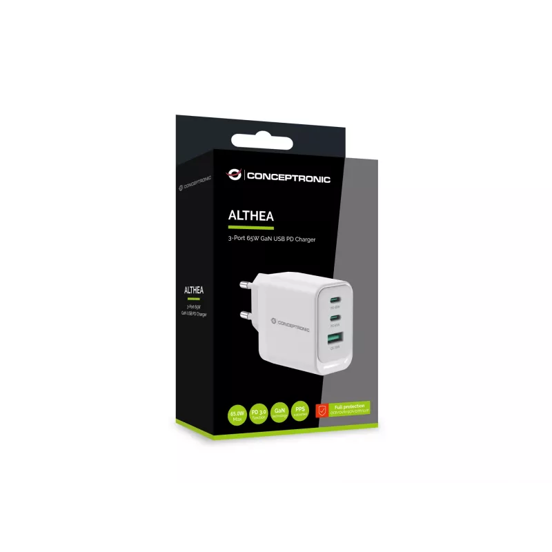 Conceptronic ALTHEA21W65 3 prievadų 65 W GaN USB PD įkroviklis, USB-C x 2, USB-A x 1, QC 3.0, PPS, PD 3.0