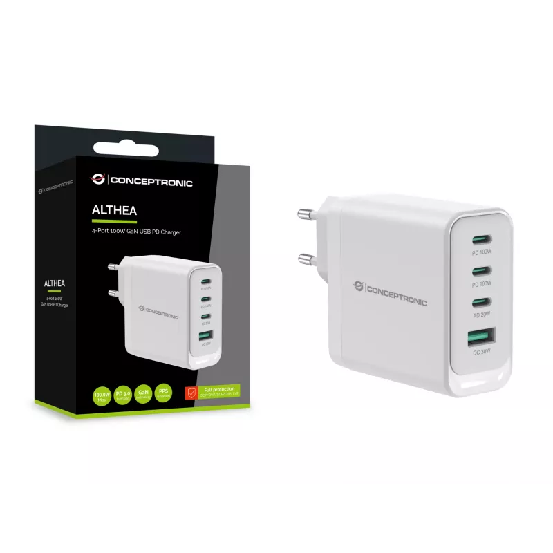 Conceptronic ALTHEA22W100 4-Port 100W GaN USB PD Įkroviklis, USB-C x 3, USB-A x 1, QC 3.0, PPS, PD 3.0